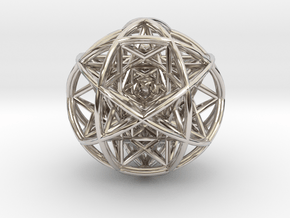 Scaled arrayed star hedron inside sphere  in Rhodium Plated Brass