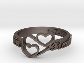 Anniversary Ring with Triple Heart - April 7, 1990 in Polished Bronzed-Silver Steel