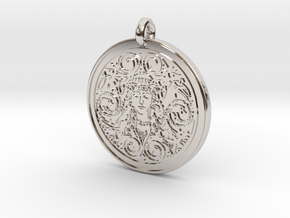 Brigantia Goddess Round Pendant in Rhodium Plated Brass