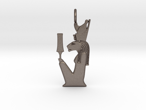 Sekhmet-Mut w/sekhem sceptre amulet in Polished Bronzed-Silver Steel