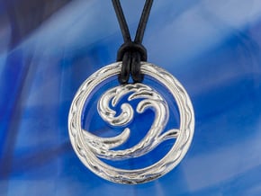 Big sea wave leather cord surfer pendant  in Polished Silver