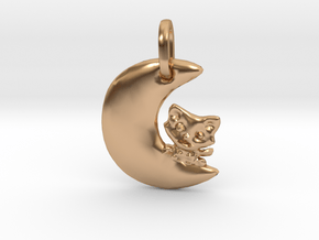 Crescent Moon and Cat Pendant in Polished Bronze