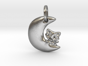 Crescent Moon and Cat Pendant in Natural Silver