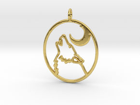 Wolf and moon pendant - precious in Polished Brass