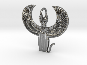 Winged Bast Pendant in Fine Detail Polished Silver: Large
