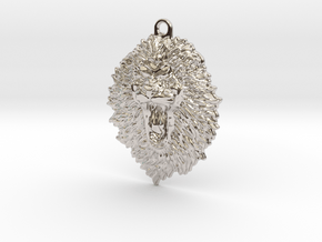 Roaring Lion face relief. Pendant 5cm in Rhodium Plated Brass