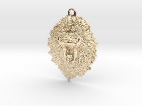 Roaring Lion face relief. Pendant 5cm in 14K Yellow Gold