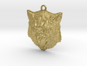 Growling Wolf face relief. Pendant 4cm in Natural Brass