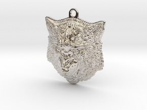 Growling Wolf face relief. Pendant 4cm in Rhodium Plated Brass