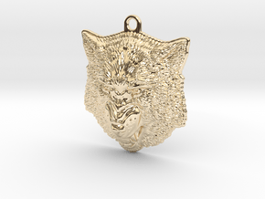 Growling Wolf face relief. Pendant 4cm in 14K Yellow Gold