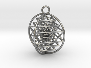 3D Sri Yantra 4 Sided Symmetrical Pendant 1"  in Natural Silver