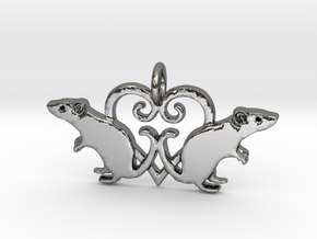 Double rat love heart pendant in Polished Silver