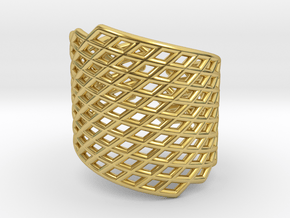 Assymetrical Mesh Grid Ring: Adjustable size 5-7 in Polished Brass