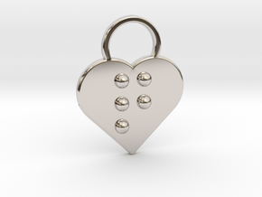 "q" Braille Heart in Rhodium Plated Brass