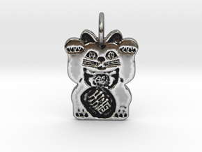 Maneki Neko BOTH Paws Beckoning Lucky Cat Pendant in Antique Silver