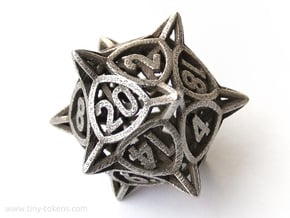 'Center Arc' dice, D20 balanced gaming die in Polished Bronzed Silver Steel