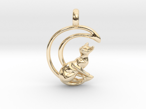 Gothic witchy cat on crescent moon pendant. in 14K Yellow Gold
