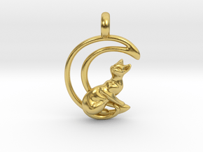 Gothic witchy cat on crescent moon pendant. in Polished Brass