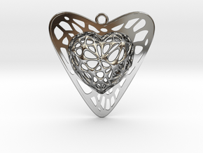 Voronoi Heart+Heart Pendant (001) in Fine Detail Polished Silver