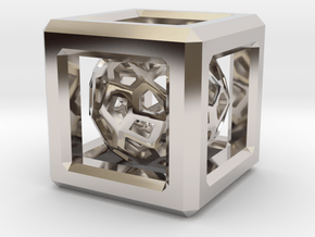 Faceted dome inside a cube in Rhodium Plated Brass