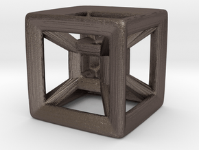Wireframe Tesseract Hypercube (Die-sized) 15mm in Polished Bronzed-Silver Steel