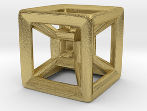 Wireframe Tesseract Hypercube (Die-sized) 15mm in Natural Brass