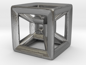 Wireframe Tesseract Hypercube (Die-sized) 15mm in Natural Silver