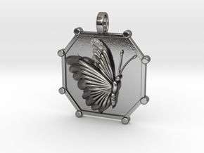 Antique Artful Butterfly on Framed Pendant in Polished Silver