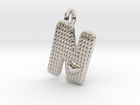 Letter Pendant with Heart -  'N' in Rhodium Plated Brass