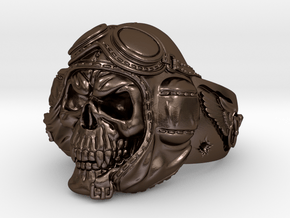 "Crazy Pilot" bikers  skull ring  size 12 in Polished Bronze Steel