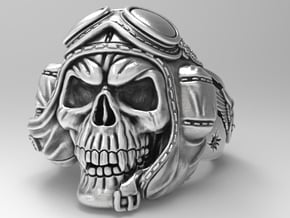 "Crazy Pilot" bikers  skull ring  size 12 in Natural Silver