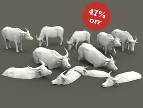Domestic Asian Water Buffalo Set 1:87 ten pieces in Smooth Fine Detail Plastic