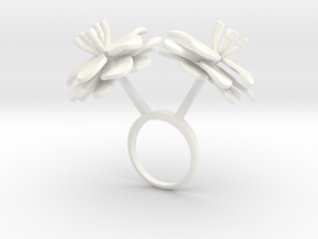 Ring with two large flowers of the Anemone L in White Processed Versatile Plastic: 7.25 / 54.625