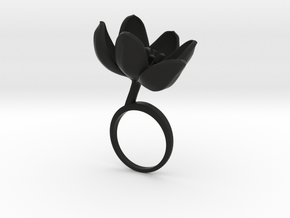 Ring with one large open flower of the Tulip in Black Natural Versatile Plastic: 7.75 / 55.875