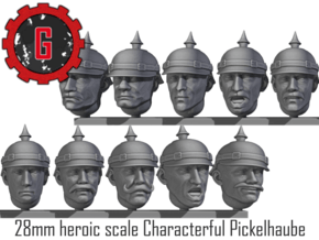 28mm heroic scale characterful Pickelhaube heads in Tan Fine Detail Plastic: Small