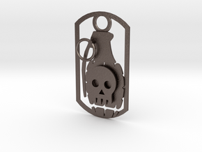 Skull grenade dog tag in Polished Bronzed Silver Steel