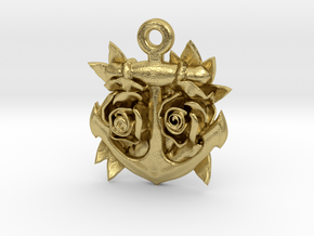 Anchor & Roses Tattoo style pendant in Natural Brass