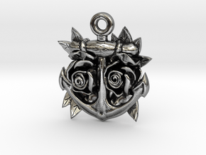 Anchor & Roses Tattoo style pendant in Antique Silver