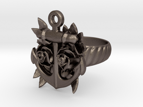 Anchor & Roses Tattoo style ring in Polished Bronzed-Silver Steel