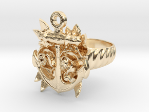 Anchor & Roses Tattoo style ring in 14K Yellow Gold