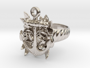 Anchor & Roses Tattoo style ring in Rhodium Plated Brass