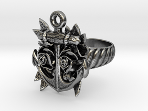 Anchor & Roses Tattoo style ring in Antique Silver