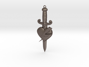 Heart with dagger tattoo style pendant  in Polished Bronzed-Silver Steel