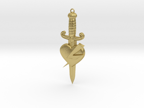 Heart with dagger tattoo style pendant  in Natural Brass