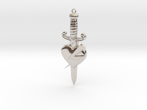 Heart with dagger tattoo style pendant  in Rhodium Plated Brass