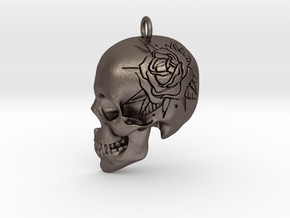 Rose engraved skull pendant in Polished Bronzed-Silver Steel