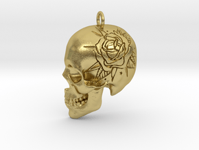Rose engraved skull pendant in Natural Brass