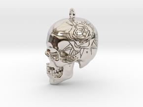 Rose engraved skull pendant in Rhodium Plated Brass
