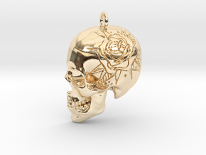 Rose engraved skull pendant in 14k Gold Plated Brass