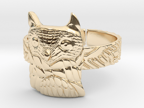 Big Owl Ring with Wings Band in 14k Gold Plated Brass